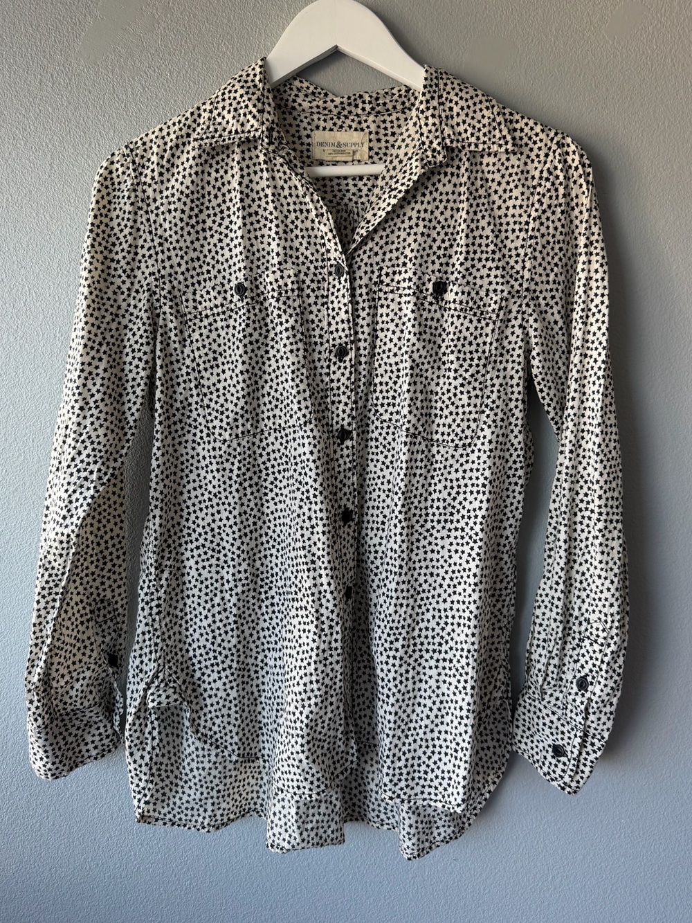 Denim & Supply Ralph Lauren white black stars long sleeve button down top sz S